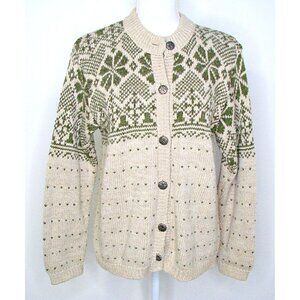 Orvis Womens Cardigan Floral Button Up Beige Green Sweater Wool Blend Sz Medium